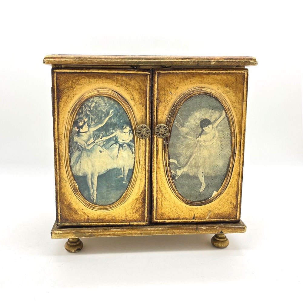 Vintage Gold Ballerina Musical Jewelry Box Degas Style Wood 3 Drawer Chest